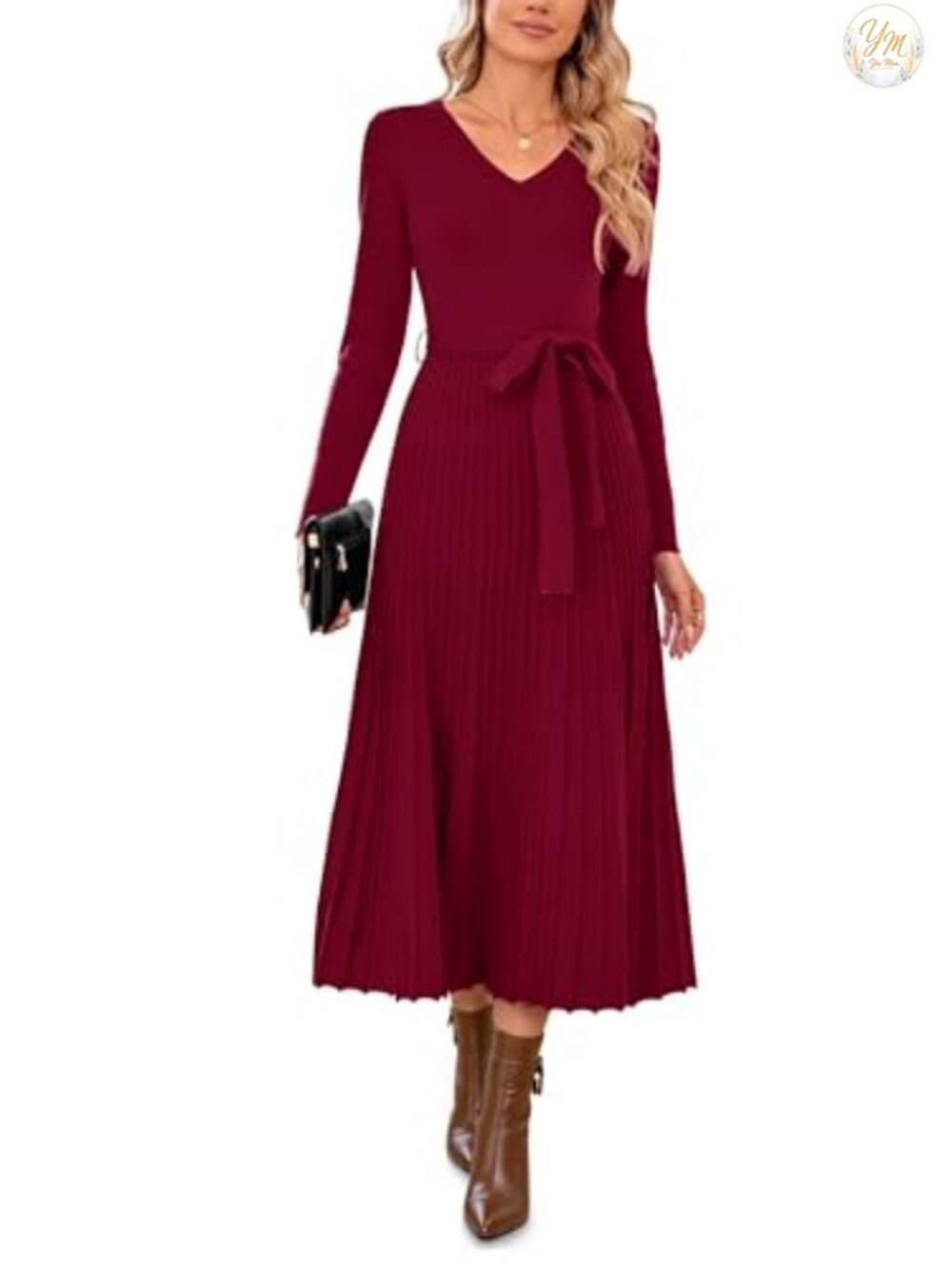 Wool Blend Long Sleeve V-Neck Midi Sweater Dress Tie Waist A-Line